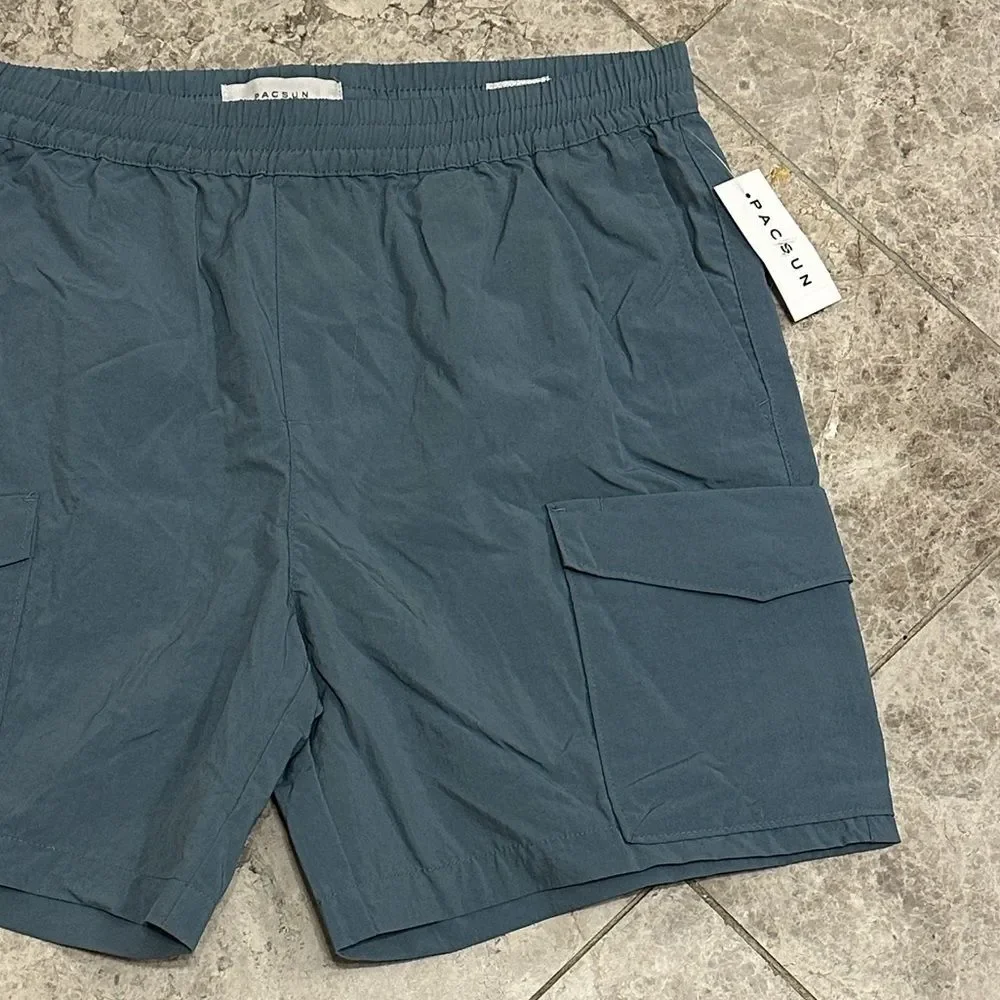 Pacsun Men’s Nylon Cargo Shorts Blue NEW Large Elastic Waist Casual Streetwear